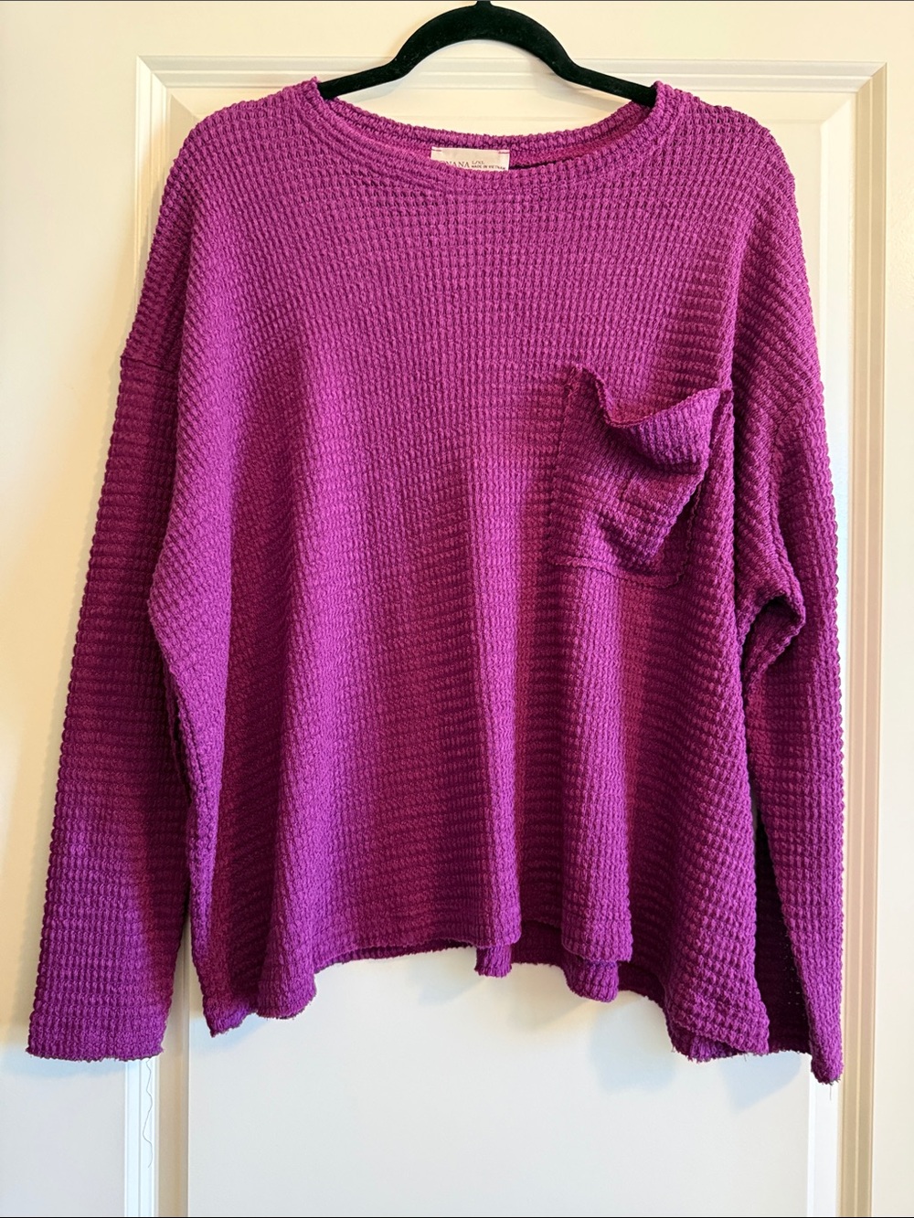 Zenana Outfitters Purple Waffle Knit Long Sleeve Top with Chest Pocket